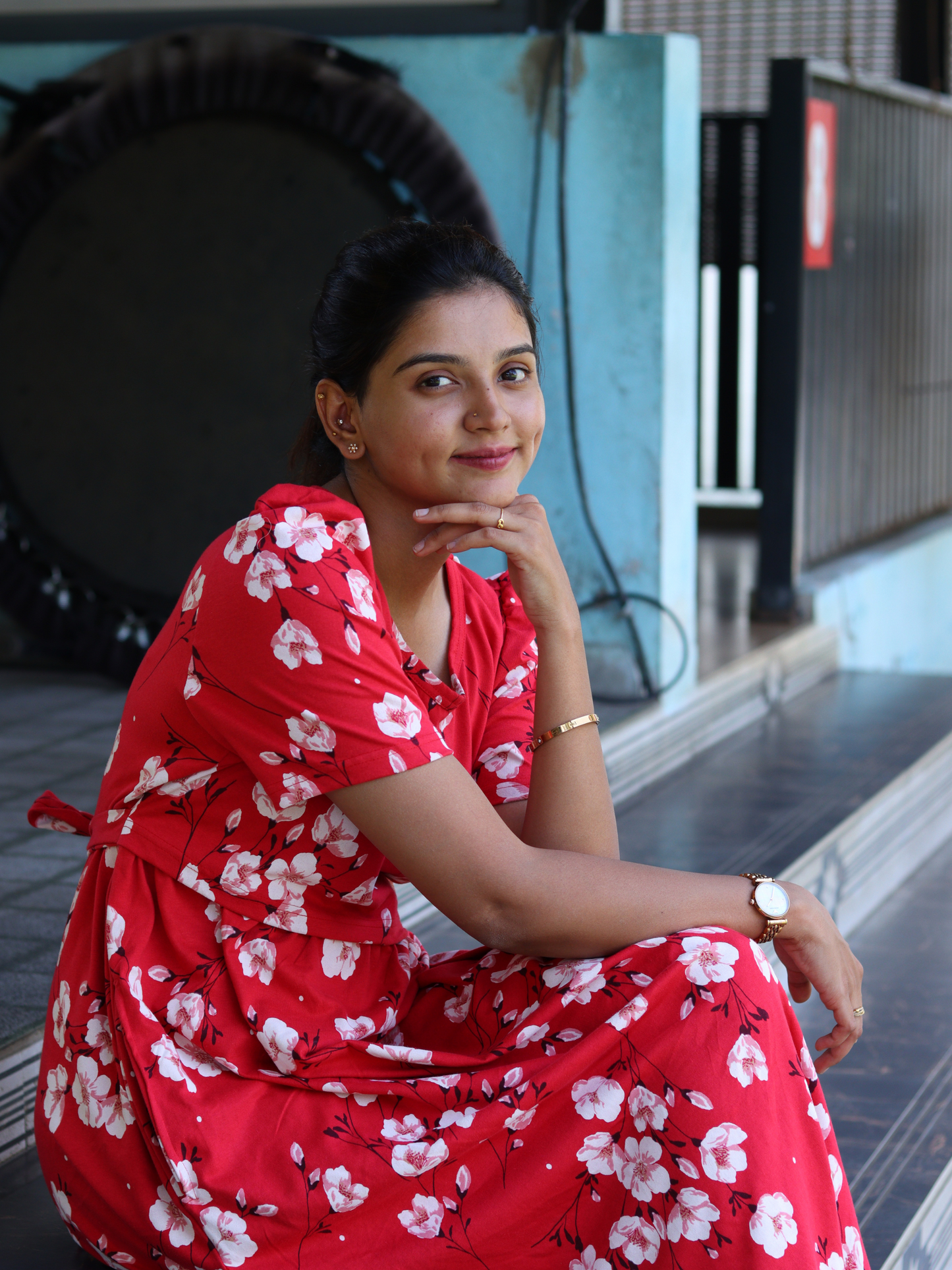 RED CHERRY BLOOSOM | ZIPLESS MATERNITY MAXI | CALF LENGTH