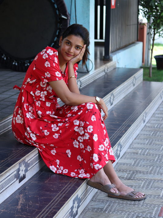 RED CHERRY BLOOSOM | ZIPLESS MATERNITY MAXI | CALF LENGTH