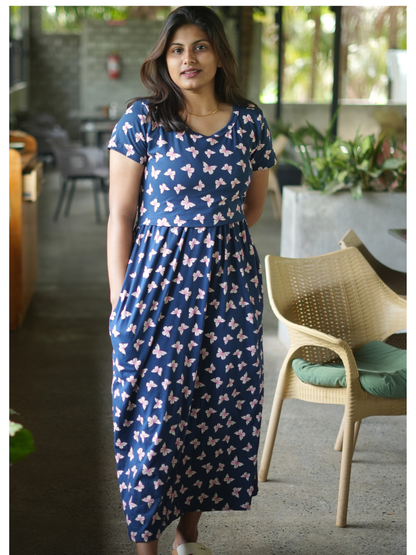 Blue Butterfly | Zipless Maternity Maxi | Full Length | Normal Sleeve