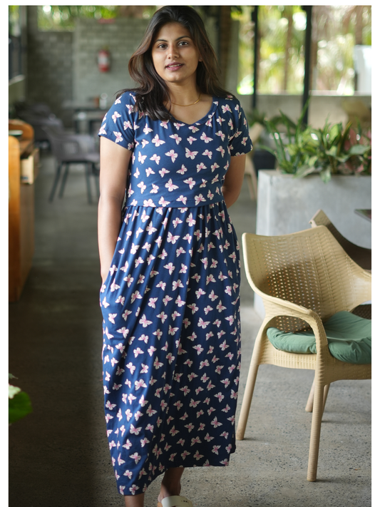 Blue Butterfly | Zipless Maternity Maxi | Full Length | Normal Sleeve