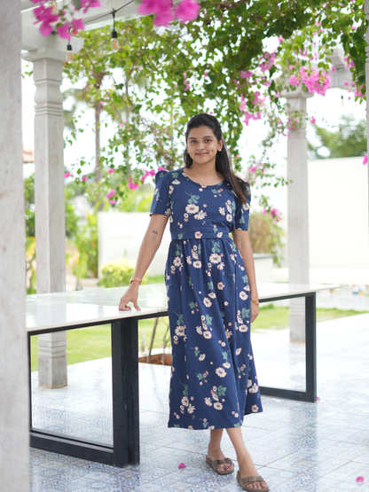 Blue Floral | Zipless Maternity Maxi | Full Length | Puff Sleeve