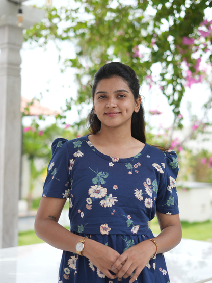 Blue Floral | Zipless Maternity Maxi | Full Length | Puff Sleeve