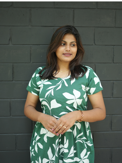 Green Leafy | Zipless Maternity Maxi | Full Length | Normal Sleeve