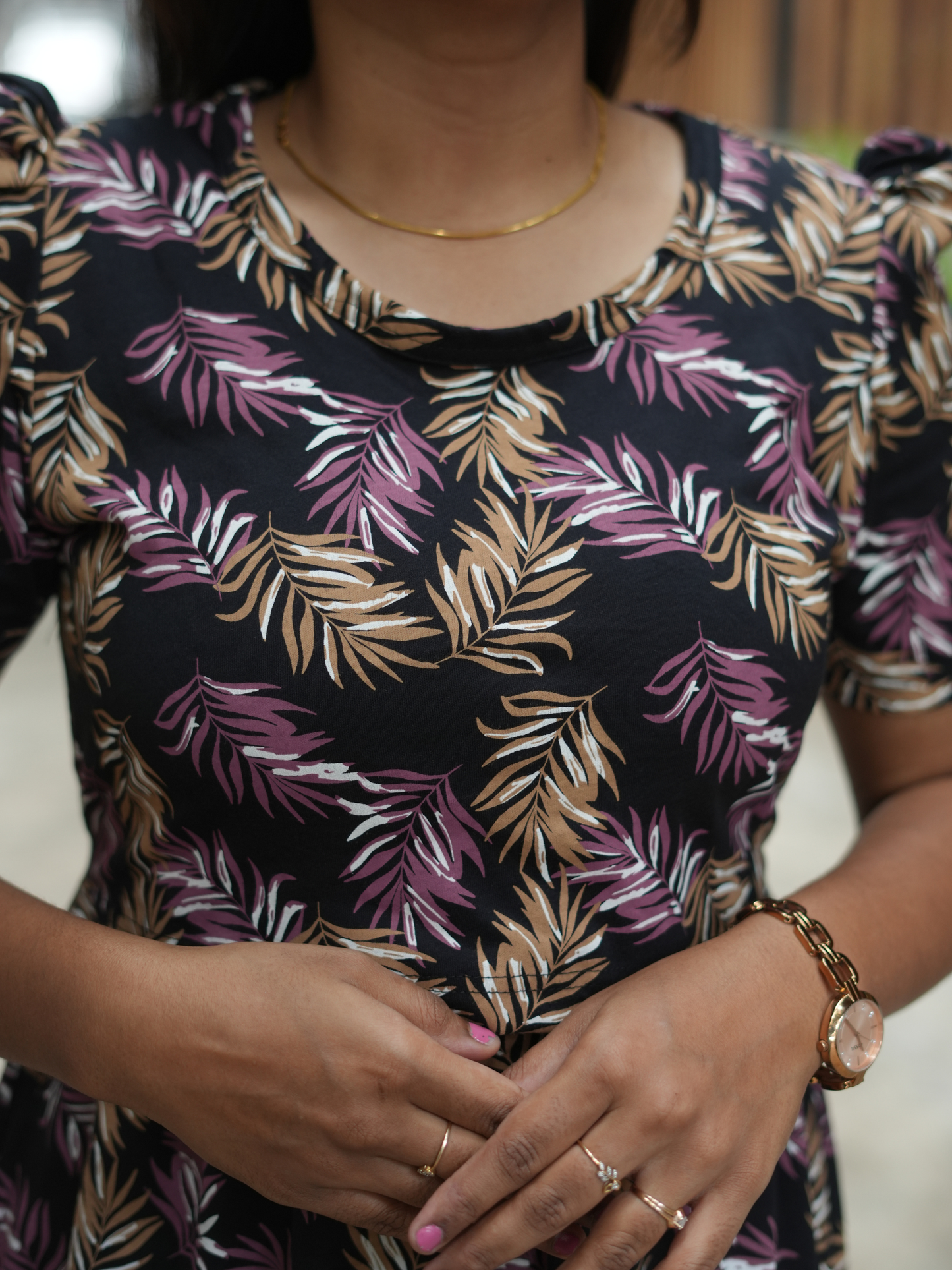 Black Leafy | Zipless Maternity Maxi | Full Length | Puff Sleeve