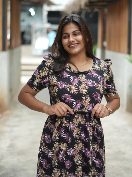 Black Leafy | Zipless Maternity Maxi | Full Length | Puff Sleeve