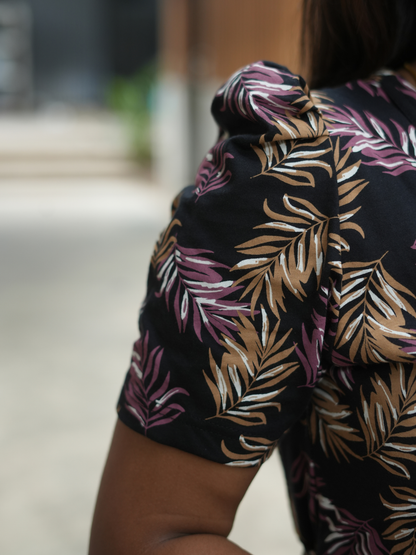 Black Leafy | Zipless Maternity Maxi | Full Length | Puff Sleeve