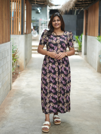 Black Leafy | Zipless Maternity Maxi | Full Length | Puff Sleeve