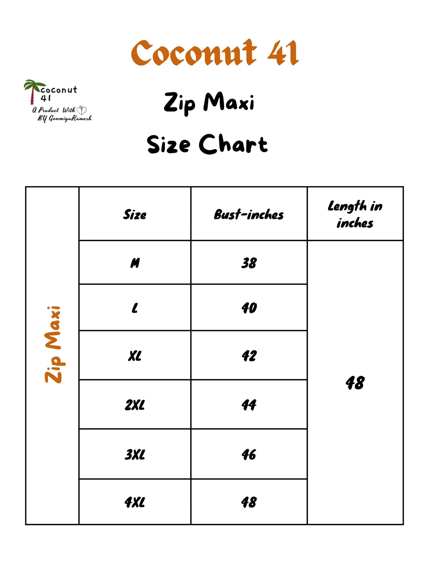 Zip maxi size chart
